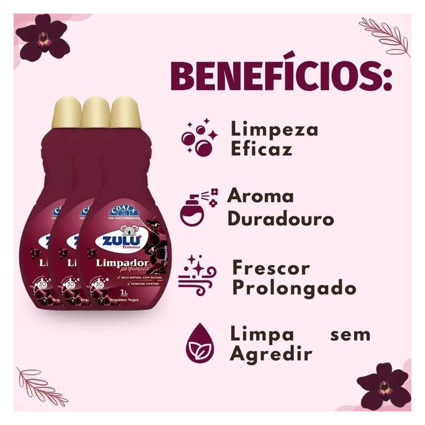 Coala Kit Zulu Perfumes: 3 Limpadores Perfumados Orquídea Negra 1l