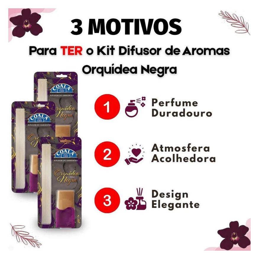 Coala: Kit 3 Difusores de Aroma Orquídea Negra 100ml