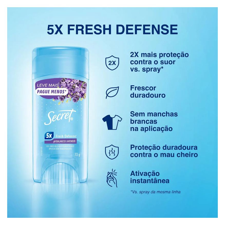 Antitranspirante Desodorante Stick Gel Secret pH Balanced Lavanda Feminino 48h 73g