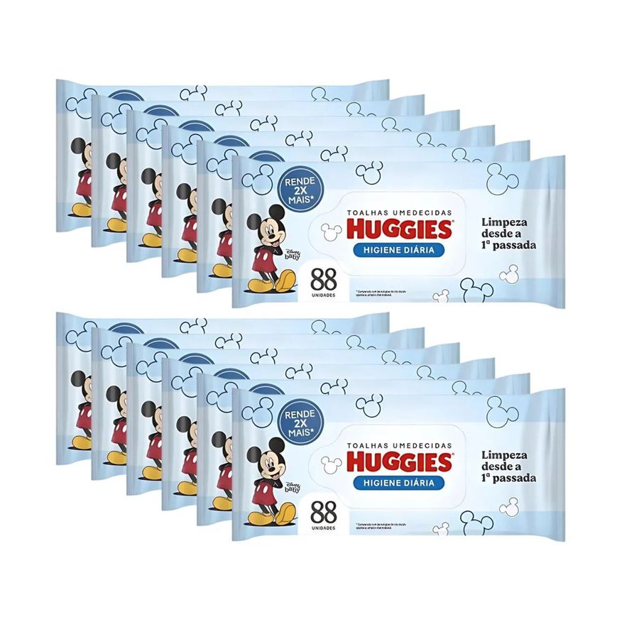 Huggies Kit com 12 Pacotes de Lenço Toalhinhas Umedecidas Higiene Diária 88 unidades