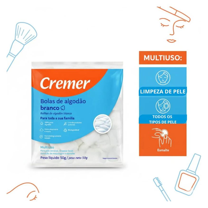 Bola Algodão Branco Cremer 50g Puro Pacote Unhas - Curativo