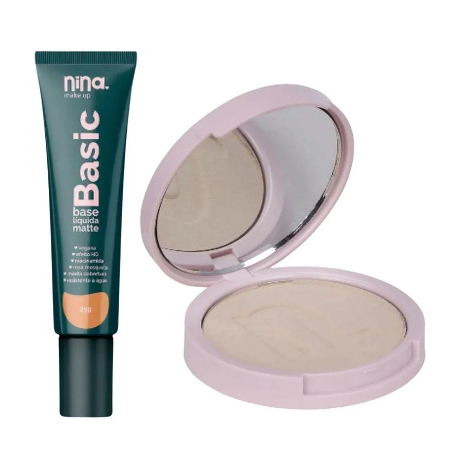 Nina Makeup Kit Base Líquida Basic+Pó Compacto Instant Cor 1