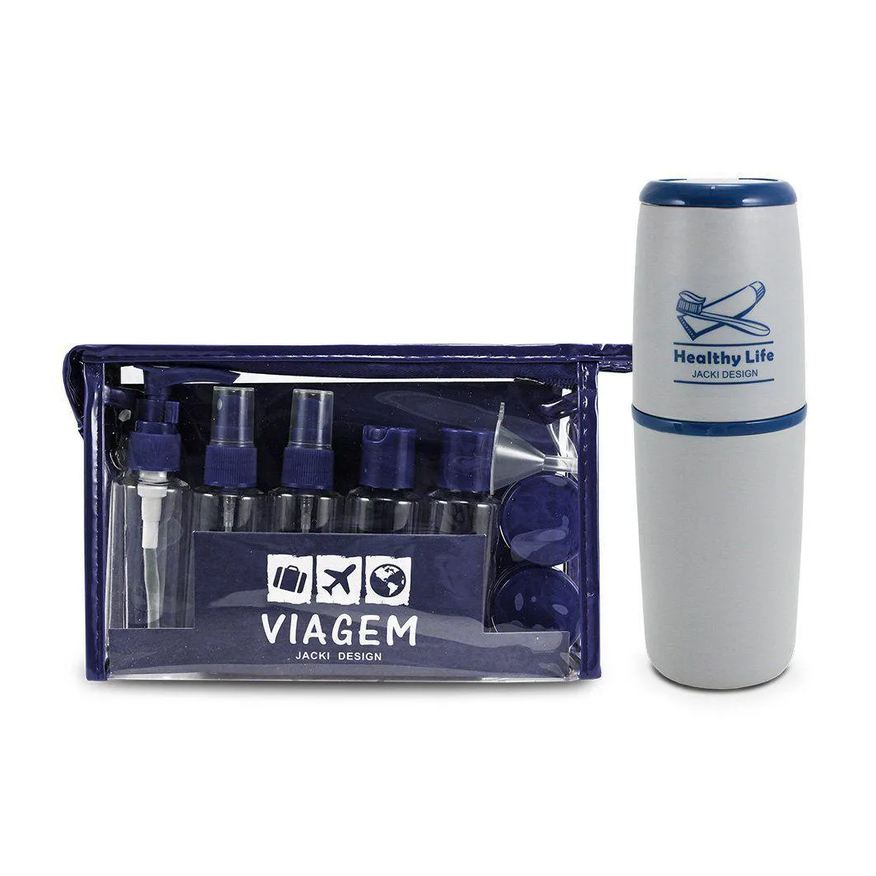 Jacki Design Kit Porta Escova de Dentes + Frascos de Viagem 10 Pcs Azul