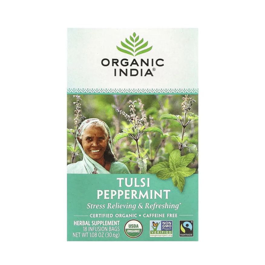Organic India Chá Tulsi Hortelã Pimenta sem Cafeína 18 Sachês de Infusão 30,6g