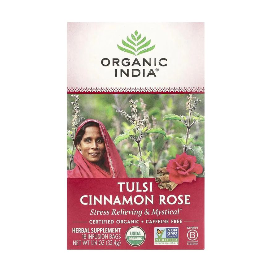 Organic India Chá Tulsi Canela e Rosa sem Cafeína 18 Sachês de Infusão 32,4g