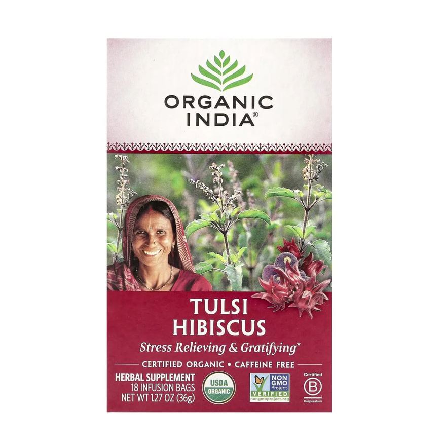 Organic India Chá Tulsi Hibisco sem Cafeína 18 Sachês de Infusão 36g