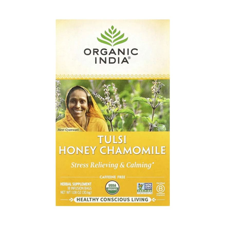 Organic India Chá Tulsi Mel e Camomila sem Cafeína 18 Sachês de Infusão 32,4g