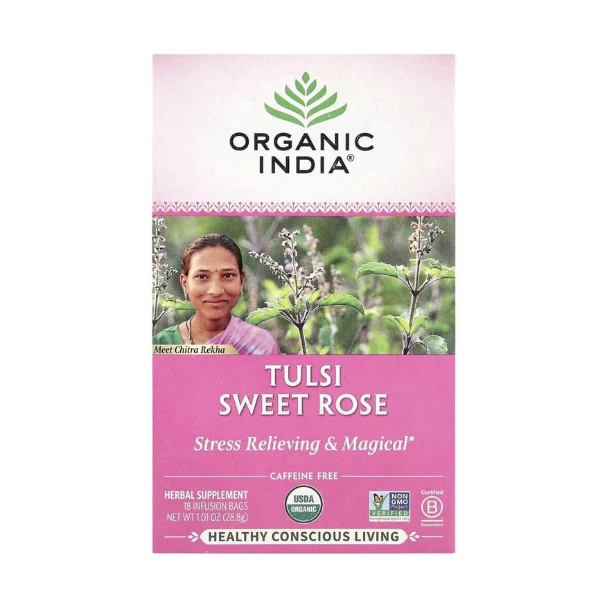 Organic India Chá Tulsi Sweet Rose sem Cafeína 18 Sachês de Infusão 32,4g