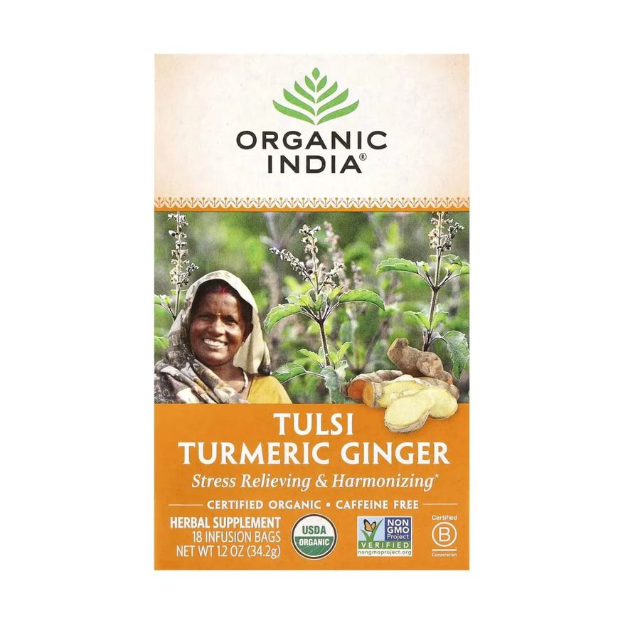 Organic India Chá Tulsi de Cúrcuma e Gengibre sem Cafeína 18 Sachês de Infusão 32,4g
