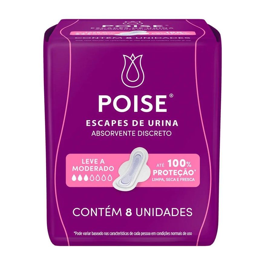 Poise Absorvente Discreto com Abas para Escape de Urina - Embalagem com 8 unidades
