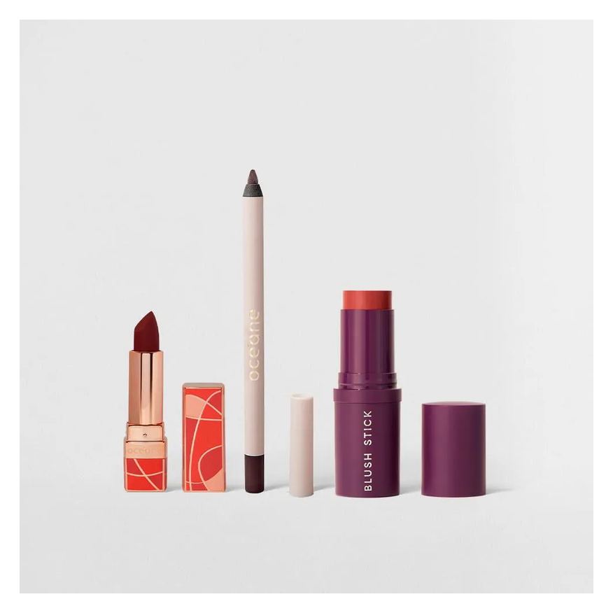 Océane Kit Batom Vinho + Blush em Bastão Vermelho + Lápis para Olhos Bordô (3 Produtos)