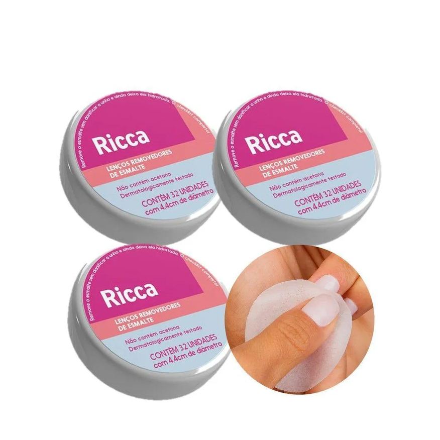 Ricca Kit 3 Lenços Removedor de Esmalte Umedecidos 32Un 4,4Cm