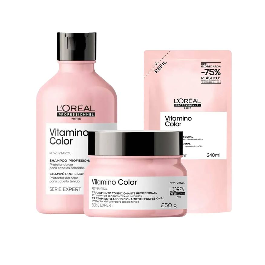 L'Oréal Profissional Kit Vitamino Color L'Oréal Professionnel Shampoo 300ml + Shampoo Refil Série Expert 240ml+ Máscara Capilar de Tratamento 250g
