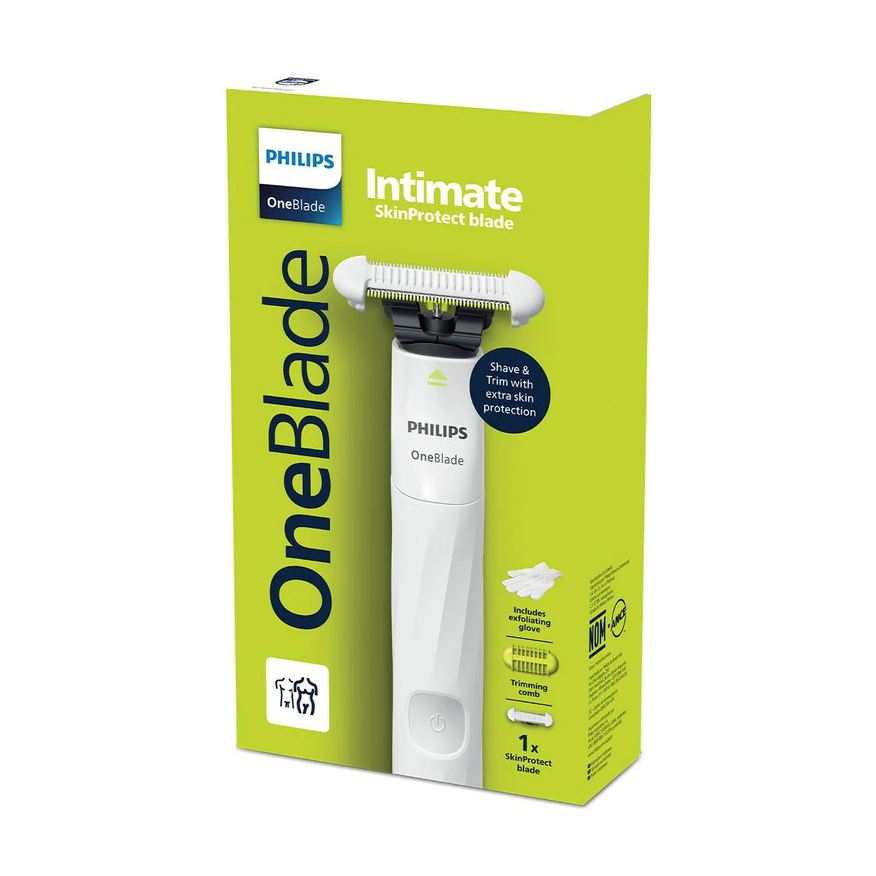 Philips Depilador OneBlade Intimate 1 unidade de lâmina Skin Protect + 1 pente corporal 3mm + 1 luva de esfoliação
