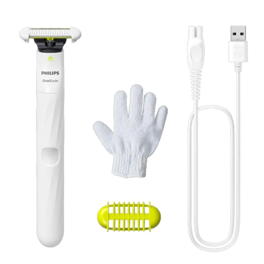 Philips Depilador OneBlade Intimate 1 unidade de lâmina Skin Protect + 1 pente corporal 3mm + 1 luva de esfoliação