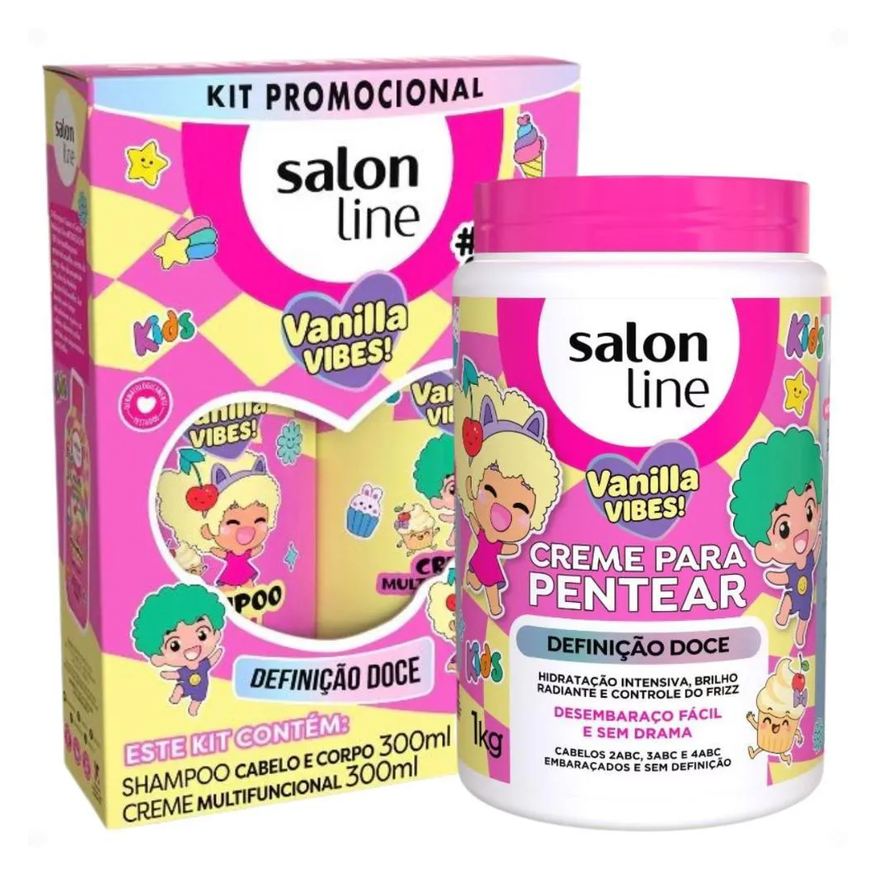 Salon Line Kit Kids Vanilla Vibes!: Shampoo Cabelo e Corpo e Creme Multifuncional 300ml + Creme para Pentear 1kg