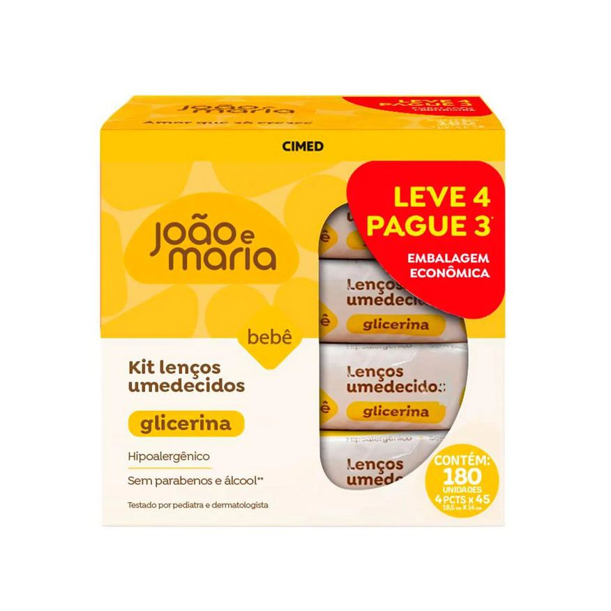 João e Maria Kit Lenço Umedecido Bebê Glicerina 4 pacotes com 45 unidades cada