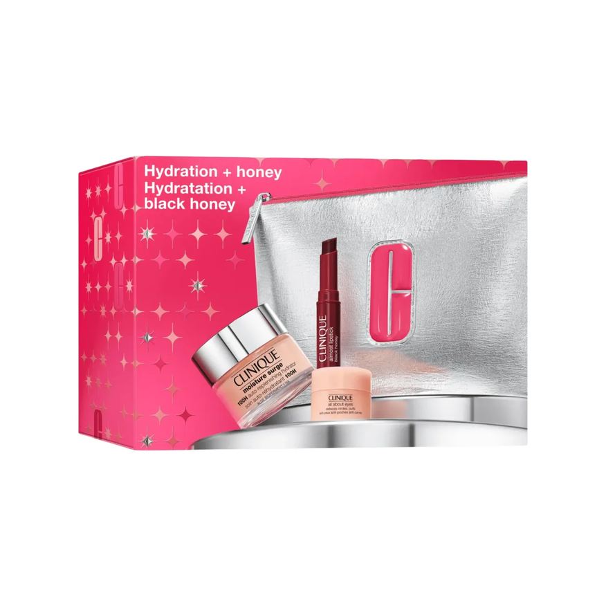 Clinique Kit Essenciais Hidratante Facial Moisture Surge 100H 50ml + Gel-Creme Olhos All About Eyes 5ml + Batom Lipstick Black Honey 1,2g
