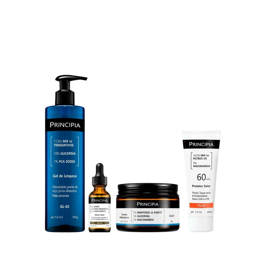 Principia Kit Facial Skincare Gel de Limpeza Suave GL-02 350ml + Sérum Anti-Idade Mix-02 30ml + Creme Hidratante CH-01 50g + Protetor Solar PS-01 FPS