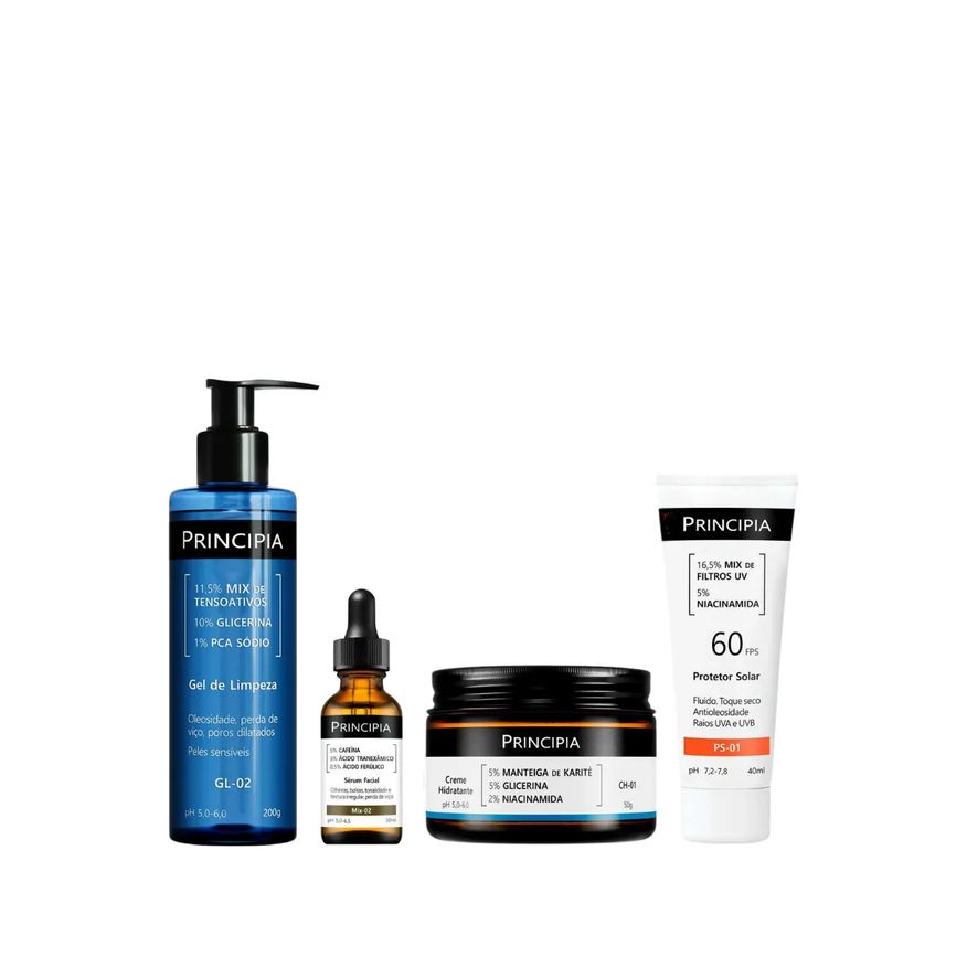 Principia Kit Facial Skincare Gel de Limpeza Suave GL-02 200ml + Sérum Anti-Idade Mix-02 30ml + Creme Hidratante CH-01 50g + Protetor Solar PS-01 FPS
