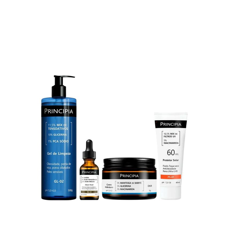 Principia Kit Facial Skincare Gel de Limpeza Suave GL-02 500ml + Sérum Anti-Idade Mix-02 30ml + Creme Hidratante CH-01 50g + Protetor Solar PS-01 FPS