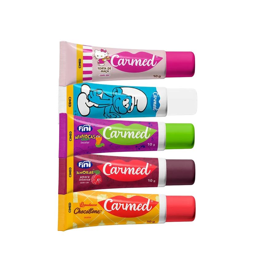 Carmed Kit Hidratante Labial Chocottone 10g + Hello Kitty Maçã do Amor 10g + Os Smurfs Blueberry 10g + Fini Amoras Intensas 10g + Fini Minhocas