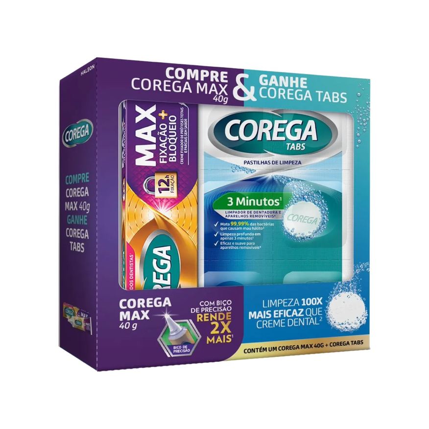Corega Kit Creme Fixador de Dentadura Max 40g + Pastilha de Limpeza Tabs 1 unidade