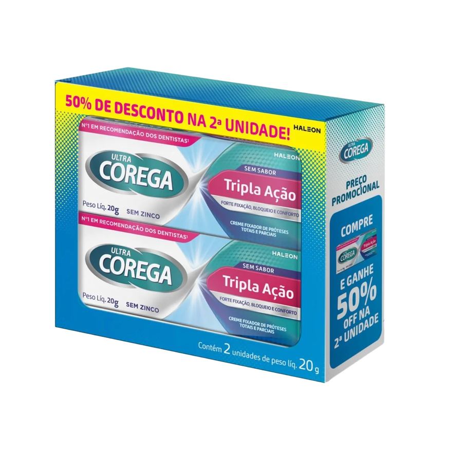 Creme Kit Fixador de Dentadura Corega Ultra Tripla Ação Sem Sabor 20g 2 unidades