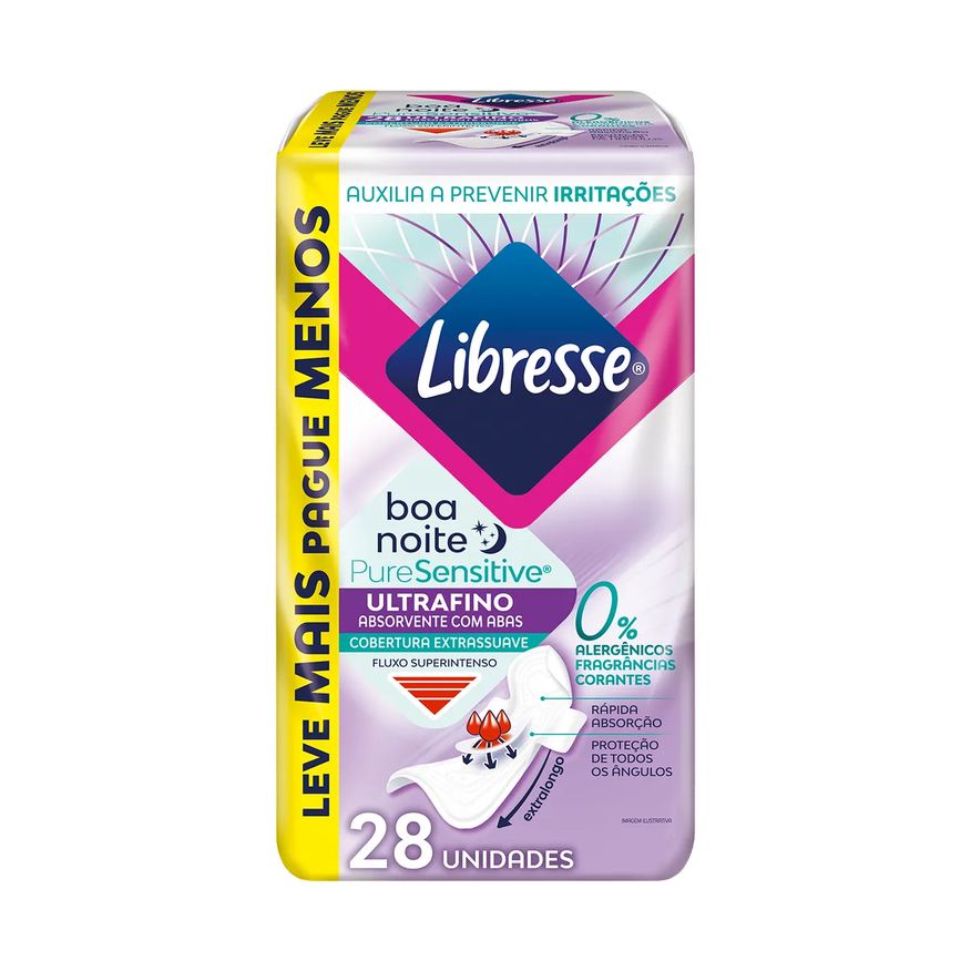 Libresse Absorvente Noturno Pure Sensitive Ultrafino Com Abas 28 Unidades