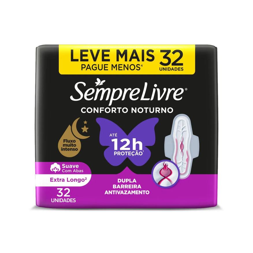 Sempre Absorvente Livre Conforto Noturno Cobertura Suave Com Abas 32 unidades