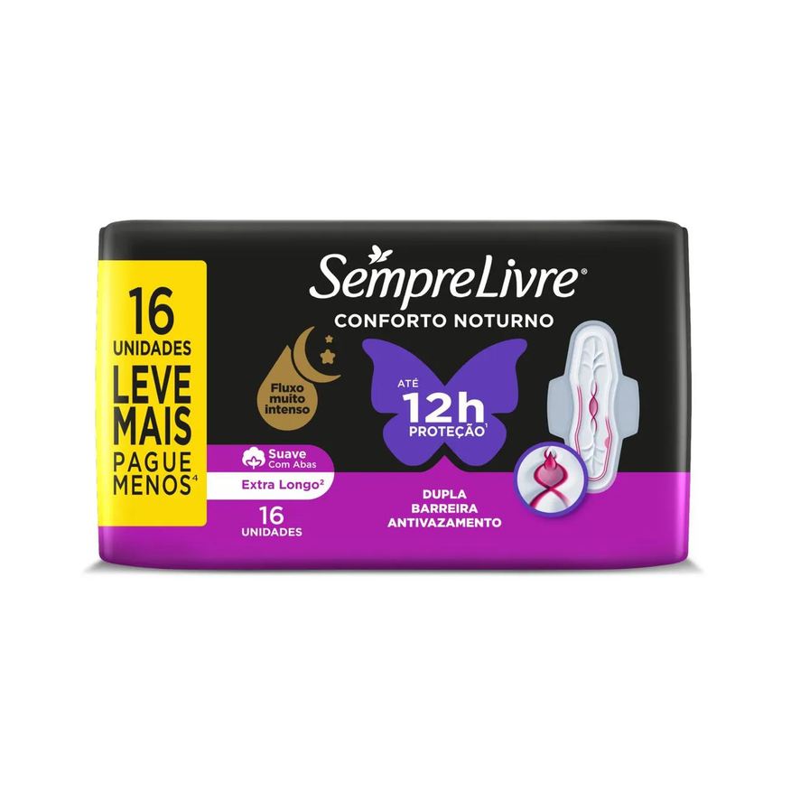 Sempre Absorvente Livre Conforto Noturno Cobertura Suave Com Abas com 16 unidades