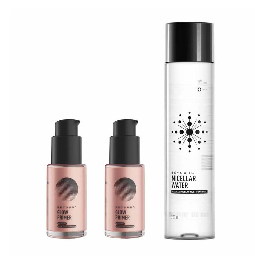 Beyoung Kit com 1 Água Micelar e 2 Primers Faciais Rose para Efeito Lifting Imediato