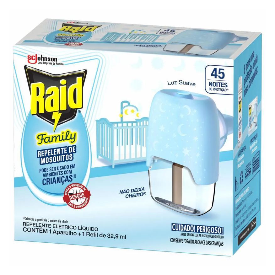 Repelente Pack Elétrico Líquido Raid 45 Noites Family + Refil 32,9ml