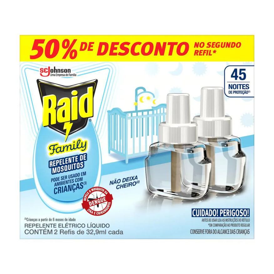 Repelente Refil Líquido Raid 45 Noites Family 2Un de 32,9ml