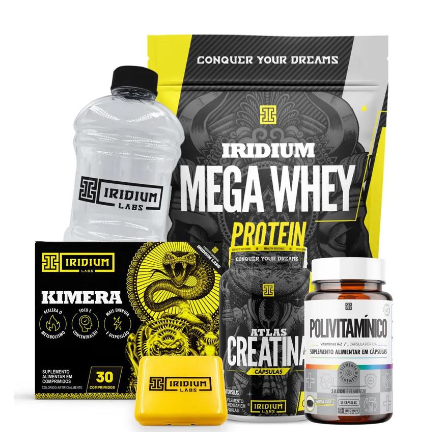 Iridium Labs Mega Whey + Kimera Thermo 30 Comps + Atlas Creatina 60 Cápsulas + Polivitamínico 30 Cápsulas + Galão Cristal 950ml + Porta Cápsulas