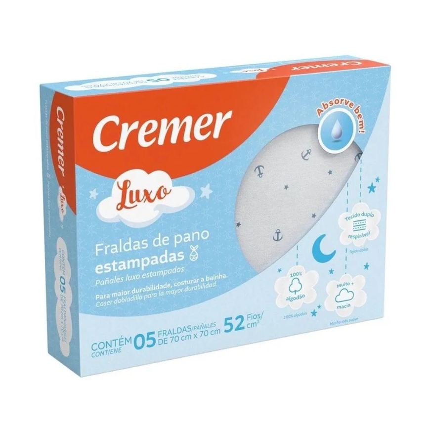 Cremer Fralda de Pano Estampa Naval Azul com Bainha 05 Unid
