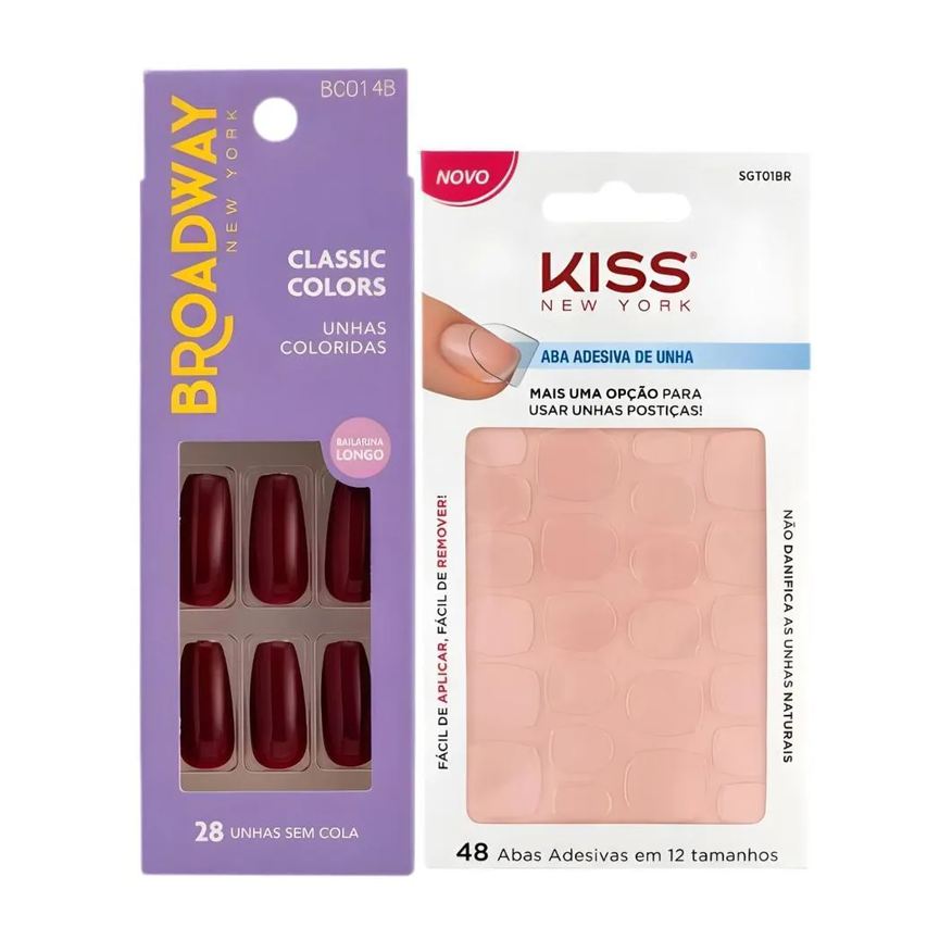 Kiss New York Kit Kiss New York: Unhas Postiças Bailarina Longo Lavender e Abas Adesivas Unhas
