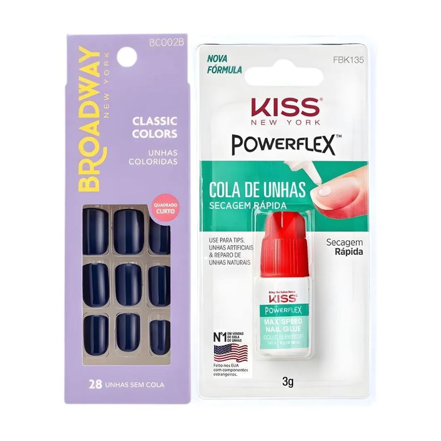Kiss New York Kit Kiss New York: Unhas Postiças Quadrado Curto Baby Blue e Cola de Unhas 3g