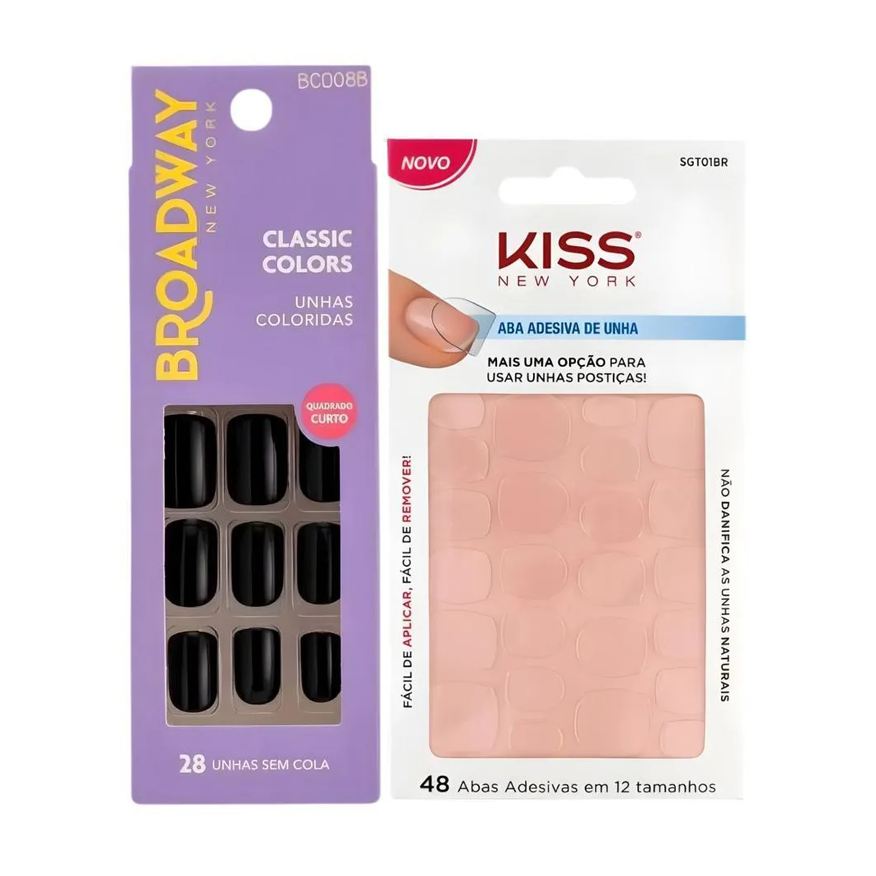 Kiss New York Kit Kiss New York: Unhas Postiças Quadrado Curto Matcha e Abas Adesivas Unhas
