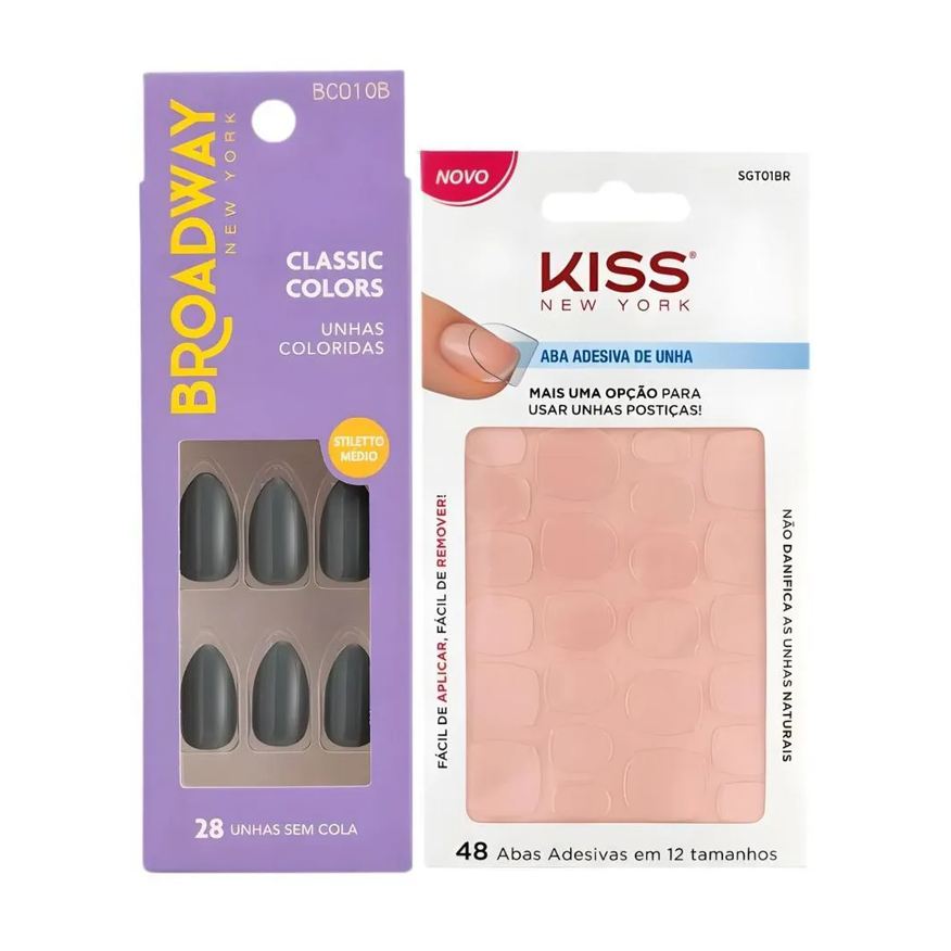 Kiss New York Kit Kiss New York: Unhas Postiças Stiletto Médio Cool Mint e Abas Adesivas de Unnhas