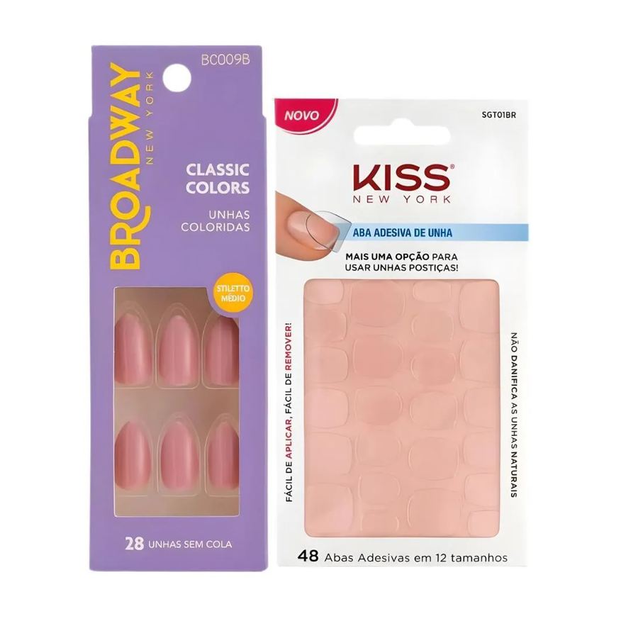 Kiss New York Kit Kiss New York: Unhas Postiças Stiletto Médio Forest e Abas Adesivas de Unhas