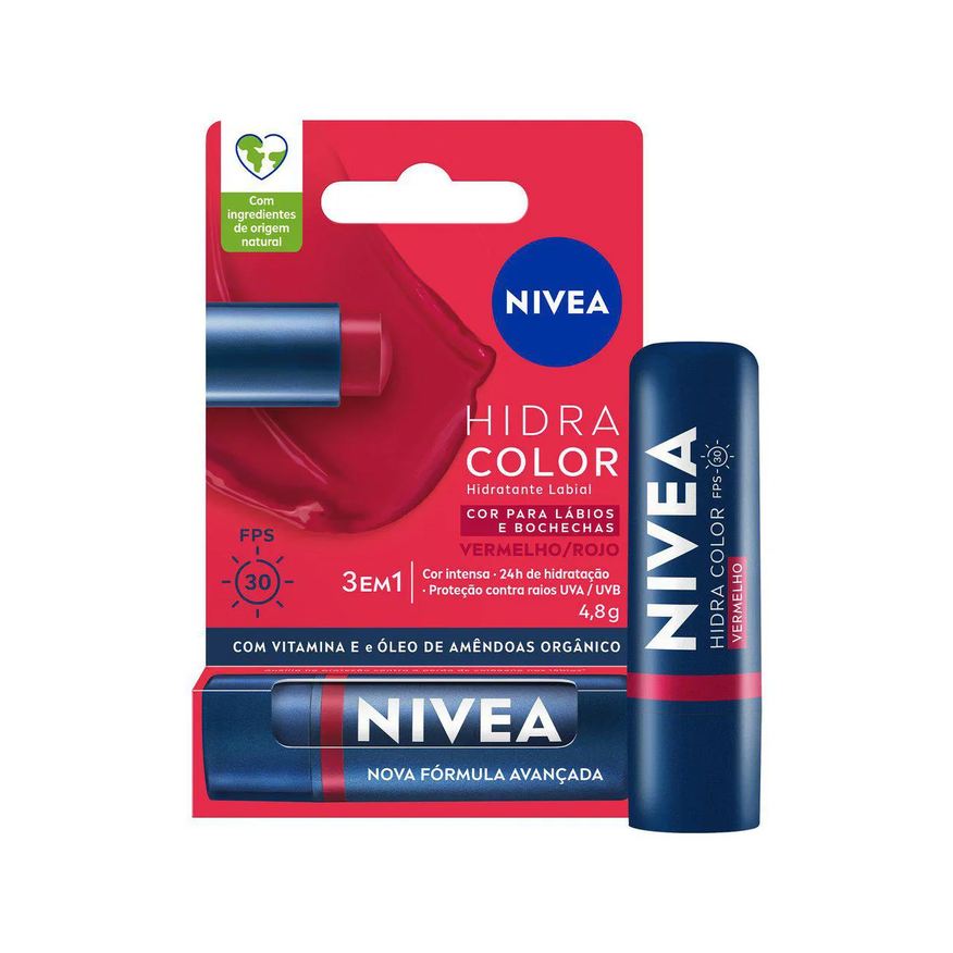 Nivea Hidratante Labial Hidra Color 3 em 1 Vermelho FPS 30 4,8g