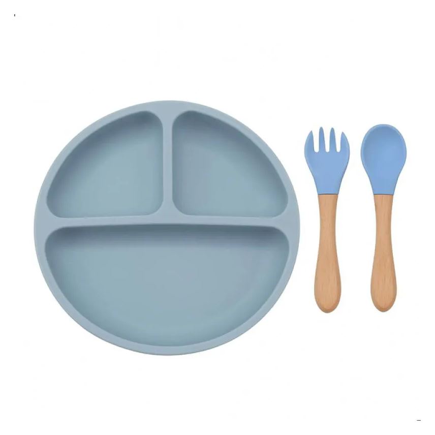 Smart Lions Conjunto Refeição Infantil Silicone 3 Peças Prato com Divisórias + Colher Garfo Treinamento do Bebê Antiderrapante Azul