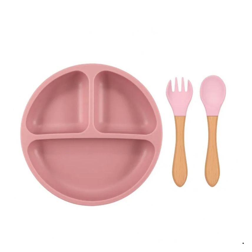 Smart Lions Conjunto Refeição Infantil Silicone 3 Peças Prato com Divisórias + Colher Garfo Treinamento do Bebê Antiderrapante Rosa