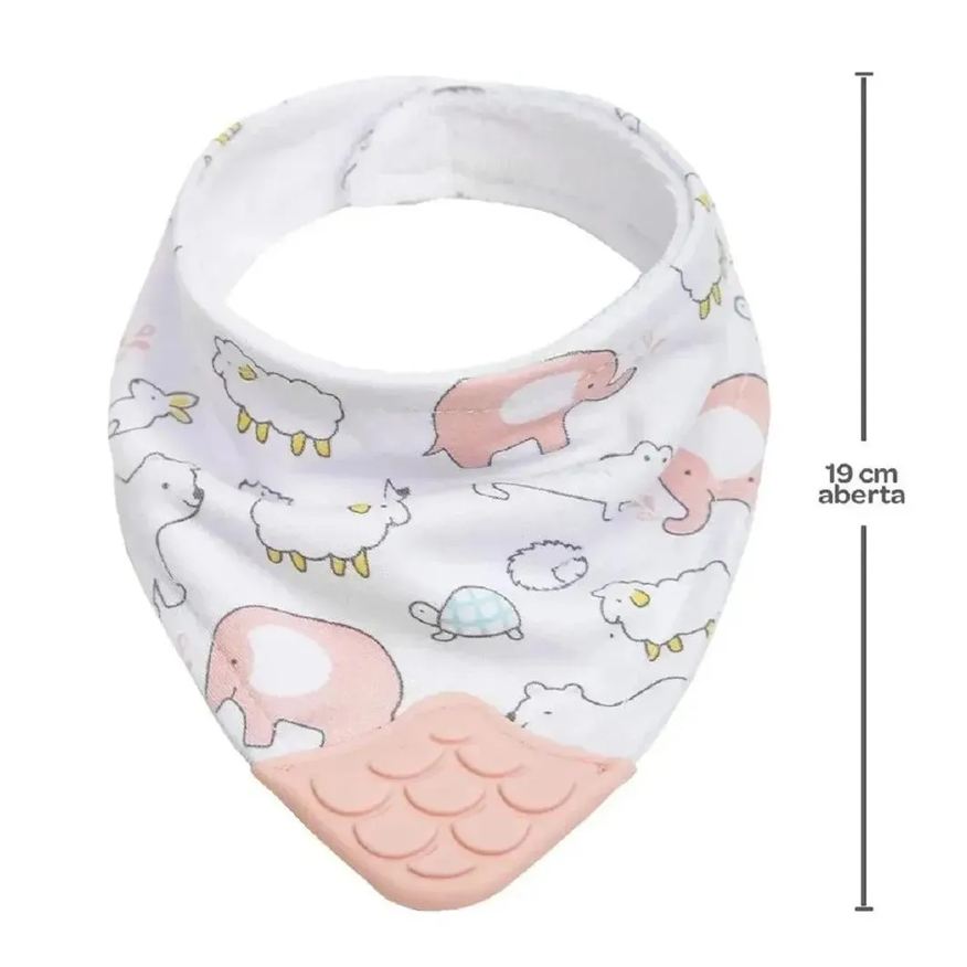 Buba Kit Joelheira Infantil Antiderrapante +6M + Babador Bandana C/Mordedor Animais Rosa
