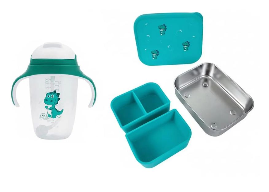 Petit Piá Kit Copo de Treinamento com Canudo 300ml + Bento Box em Aço Inox com Divisórias Silicone