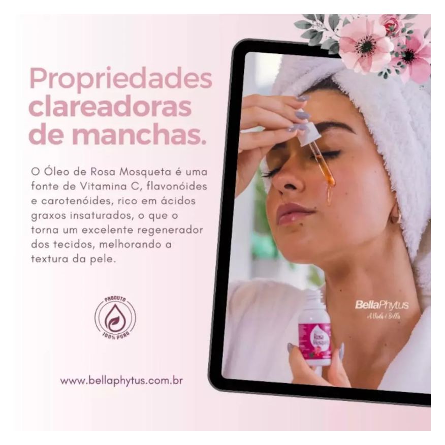 Mosqueta Rosa Rubiginosa Óleo 100% Puro 30ml - Bellaphytus Clareador Facial e Corporal