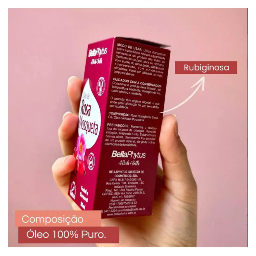 Mosqueta Rosa Rubiginosa Óleo 100% Puro 30ml - Bellaphytus Clareador Facial e Corporal