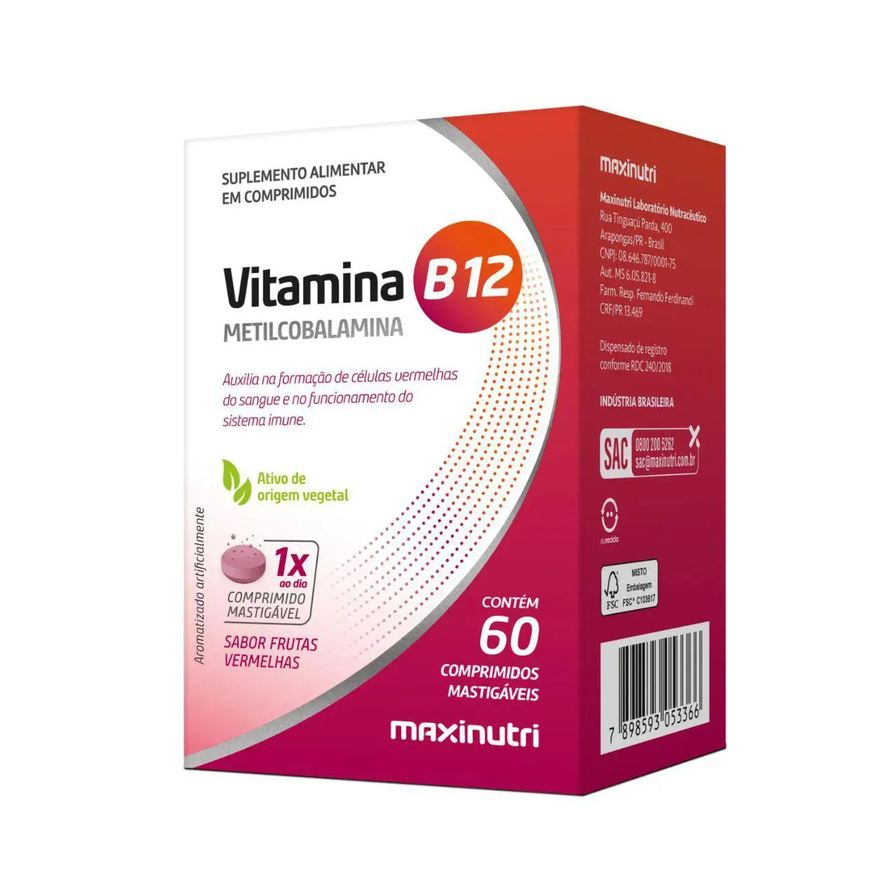 Maxinutri Vitamina B12 Metilcobalamina com 60 Comprimidos Mastigáveis