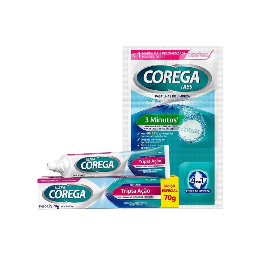 Corega Kit Creme Fixador Ultra Tripla Ação Sem sabor 70g + Tabs Limpeza 3 Minutos 6 Pastilhas